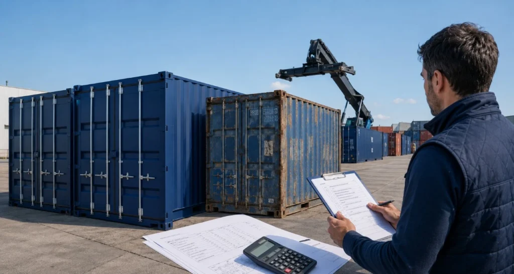 Comparativa de contenedor marítimo nuevo y usado en España con revisión de precio, transporte, descarga y coste real de compra
