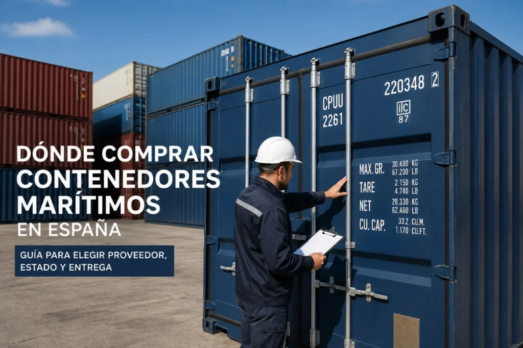 Contenedor marítimo en venta en España inspeccionado antes de la compra en un depósito logístico