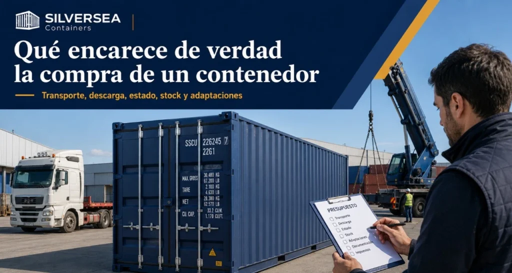 Contenedor marítimo en España con camión, grúa y revisión de presupuesto para calcular el coste real de compra, transporte, descarga y adaptaciones