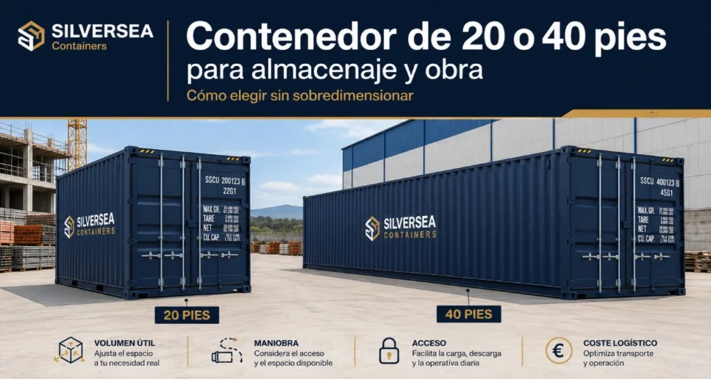 Comparativa entre contenedor de 20 y 40 pies para almacenaje y obra en España, con diferencia de tamaño, maniobra, acceso y coste logístico