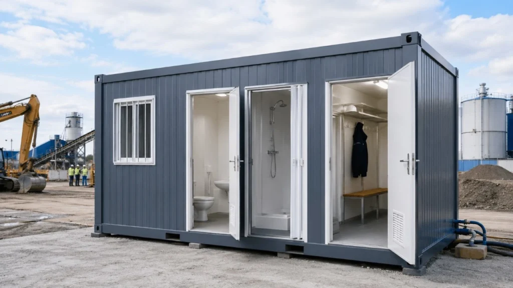 Contenedor con baño y ducha instalado en una obra industrial con zona de vestuario para personal