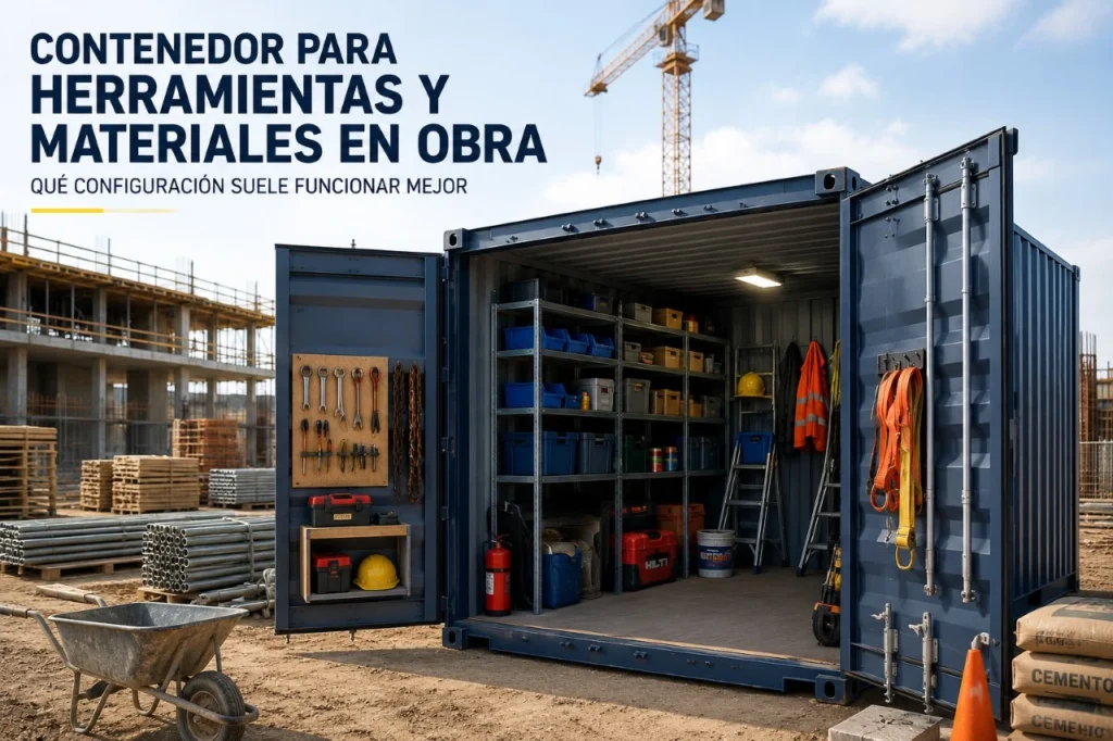 Contenedor para herramientas y materiales en obra en España con interior organizado, estanterías, equipos de trabajo y acceso funcional en construcción