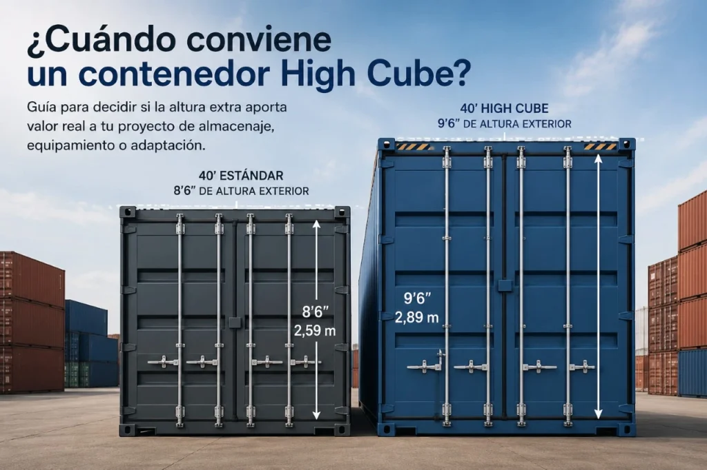 Comparativa entre contenedor estándar y High Cube para almacenaje en España, mostrando diferencia de altura y volumen útil para stock, equipamiento o adaptación