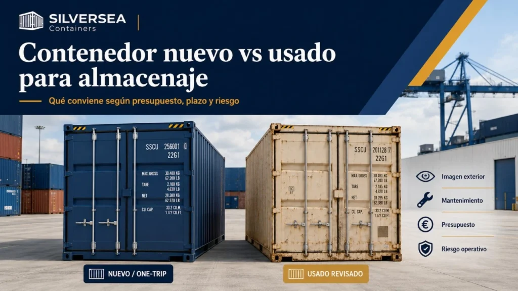 Comparativa entre contenedor nuevo y usado para almacenaje en España, con criterios de presupuesto, mantenimiento, imagen exterior y riesgo operativo