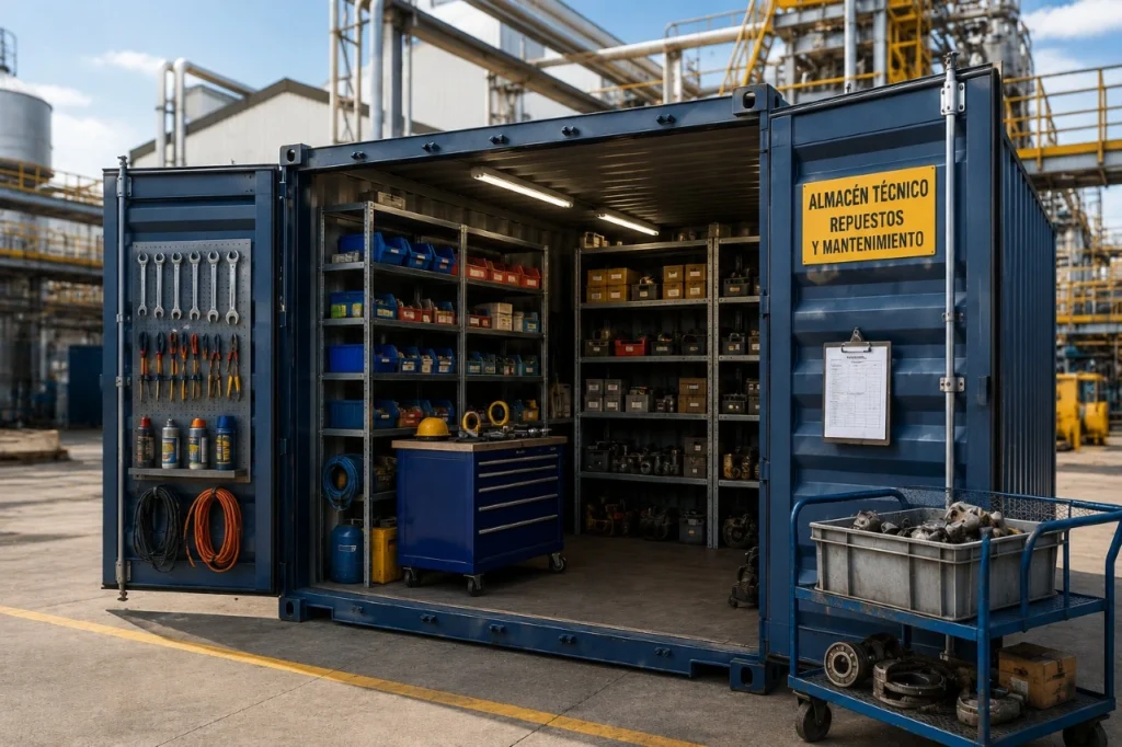 Contenedor para repuestos y mantenimiento industrial en España con interior organizado, herramientas, stock técnico y acceso funcional junto a una planta industrial