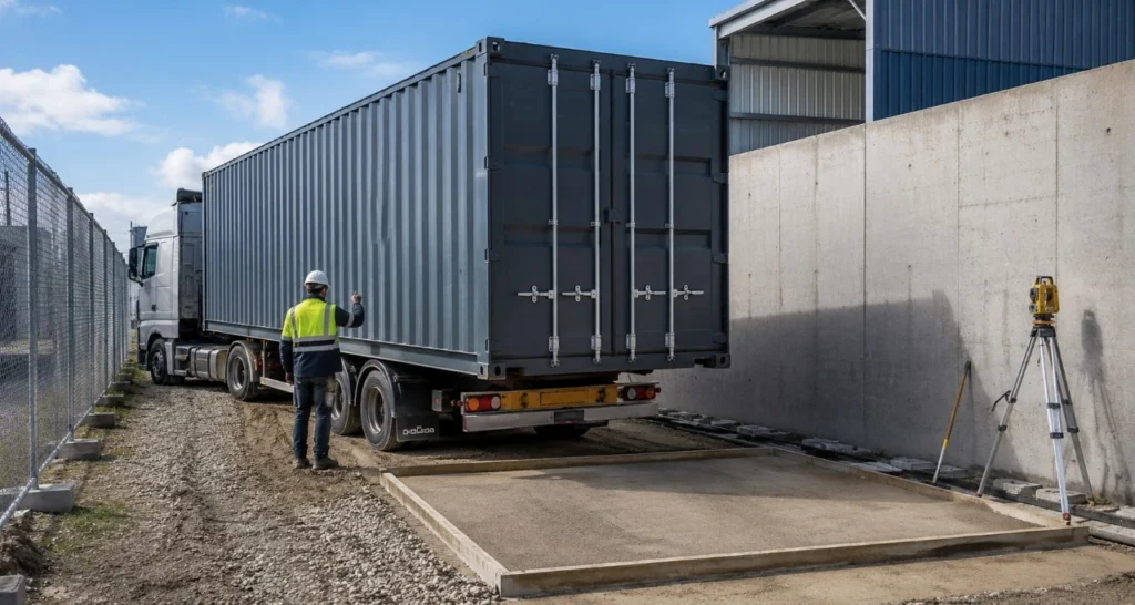 Entrega de contenedor en España con camión, acceso limitado, maniobra de descarga y base de apoyo preparada en entorno industrial