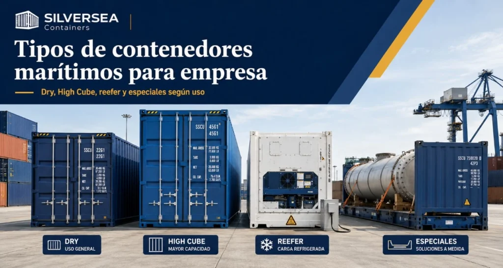 Tipos de contenedores marítimos para empresa con dry, High Cube, reefer y especiales en entorno logístico industrial