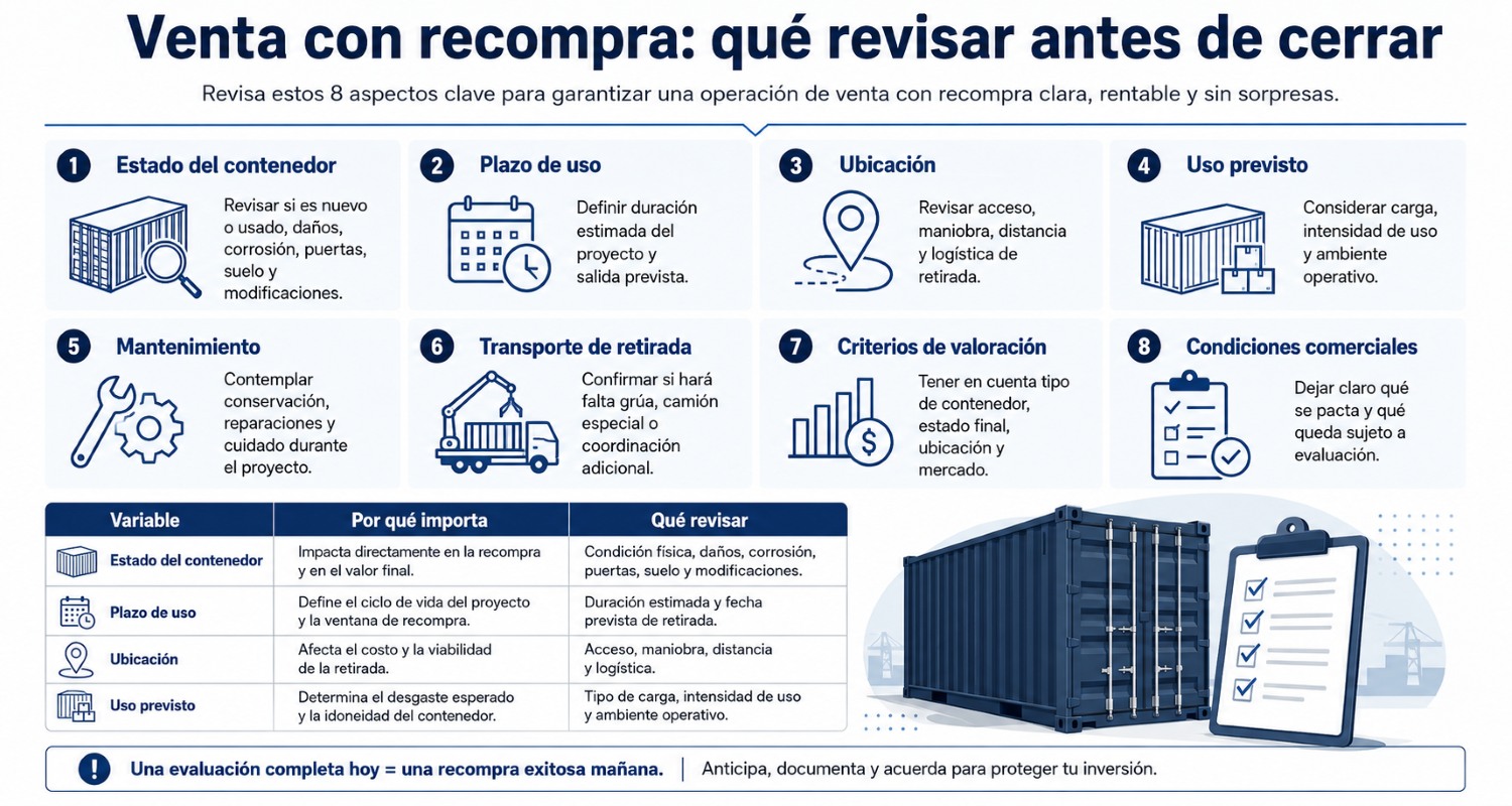 Infografía sobre venta con recompra de contenedores en España, con criterios de estado, plazo, ubicación, uso, mantenimiento, retirada, valoración y condiciones comerciales