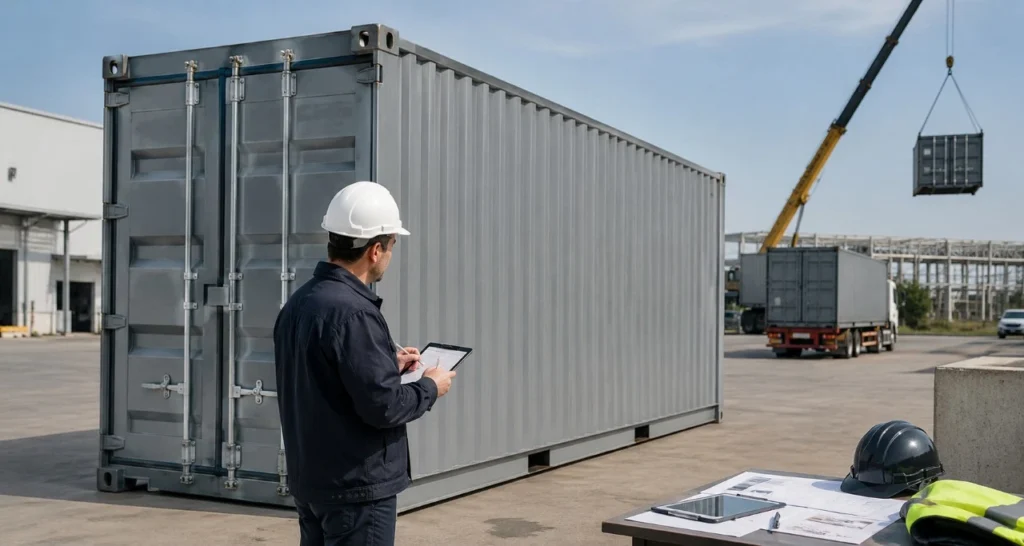 Contenedor marítimo revisado en una operación de venta con recompra en España, con inspección técnica, retirada planificada y grúa de carga