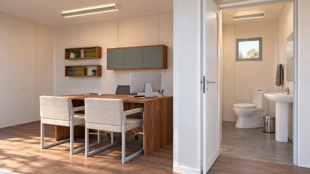 Visualización de una oficina modular con baño integrado, escritorio, dos sillas de visita y aseo independiente con lavabo e inodoro.