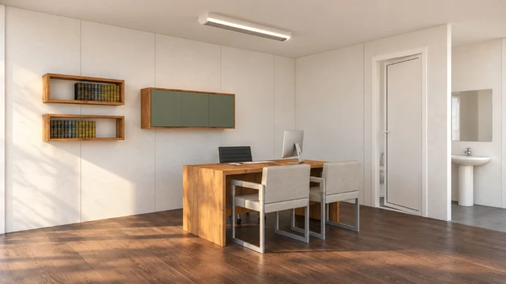 Visualización del interior de una oficina modular con escritorio, dos sillas de visita, estanterías y zona de aseo.