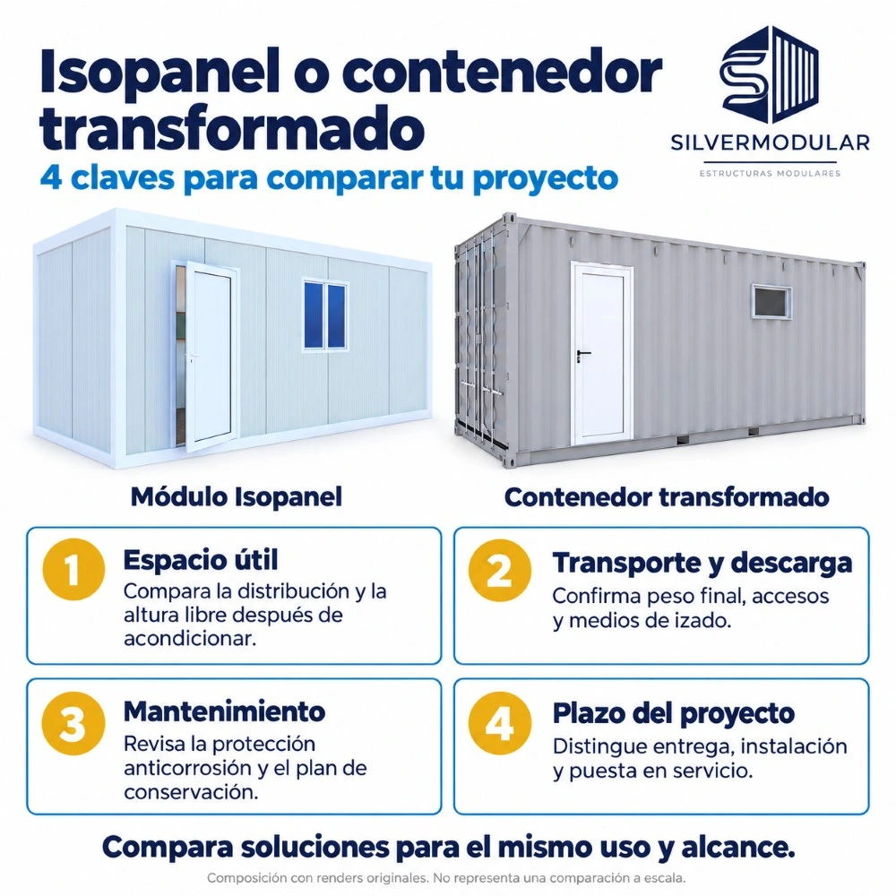 Infografía para comparar un módulo Isopanel y un contenedor transformado: espacio útil, descarga, mantenimiento y plazos.