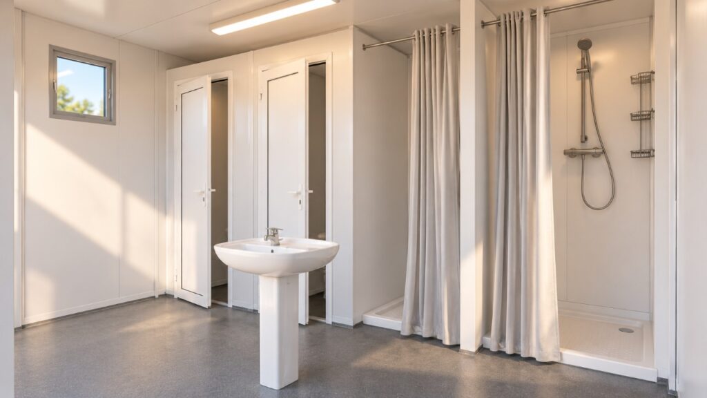 Interior de un módulo sanitario con cabinas de aseo, lavabo central y duchas separadas por cortinas.
