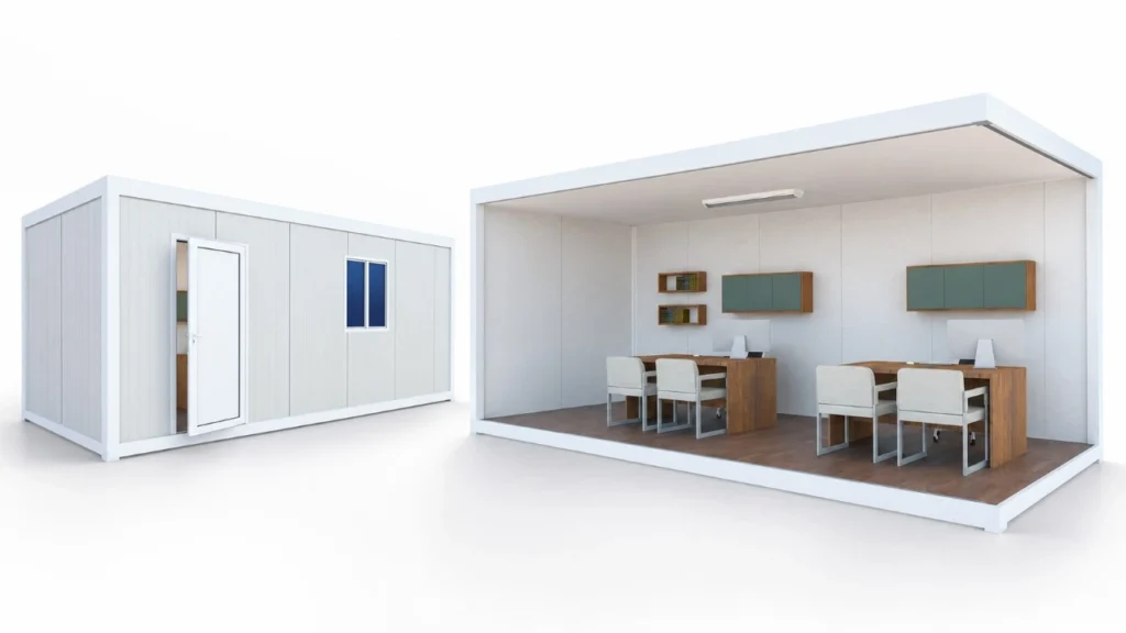 Vistas exterior e interior de una oficina modular para obra con escritorios, asientos para visitas y armarios.