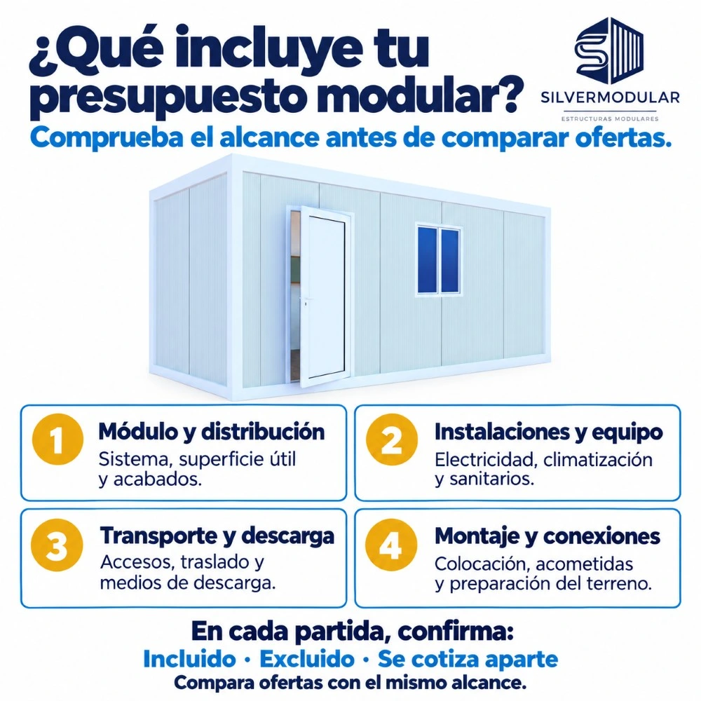Infografía de presupuesto modular: módulo y distribución, instalaciones y equipo, transporte y descarga, montaje y conexiones.