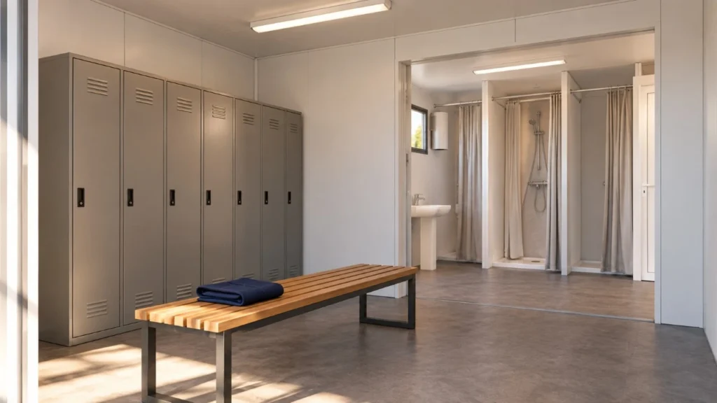 Interior ilustrativo de un vestuario prefabricado con taquillas, banco de madera y una zona separada con duchas y lavabo.