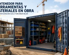 Contenedor para herramientas y materiales en obra en España con interior organizado, estanterías, equipos de trabajo y acceso funcional en construcción