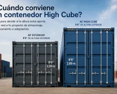 Comparativa entre contenedor estándar y High Cube para almacenaje en España, mostrando diferencia de altura y volumen útil para stock, equipamiento o adaptación