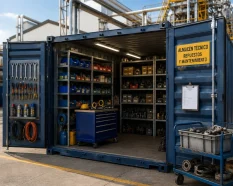 Contenedor para repuestos y mantenimiento industrial en España con interior organizado, herramientas, stock técnico y acceso funcional junto a una planta industrial