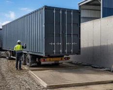 Entrega de contenedor en España con camión, acceso limitado, maniobra de descarga y base de apoyo preparada en entorno industrial