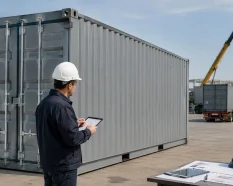 Contenedor marítimo revisado en una operación de venta con recompra en España, con inspección técnica, retirada planificada y grúa de carga