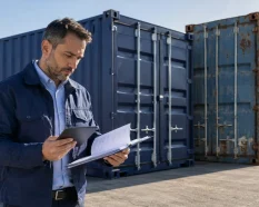 Técnico revisando presupuesto para la venta de contenedores nuevos y usados en España en un patio logístico